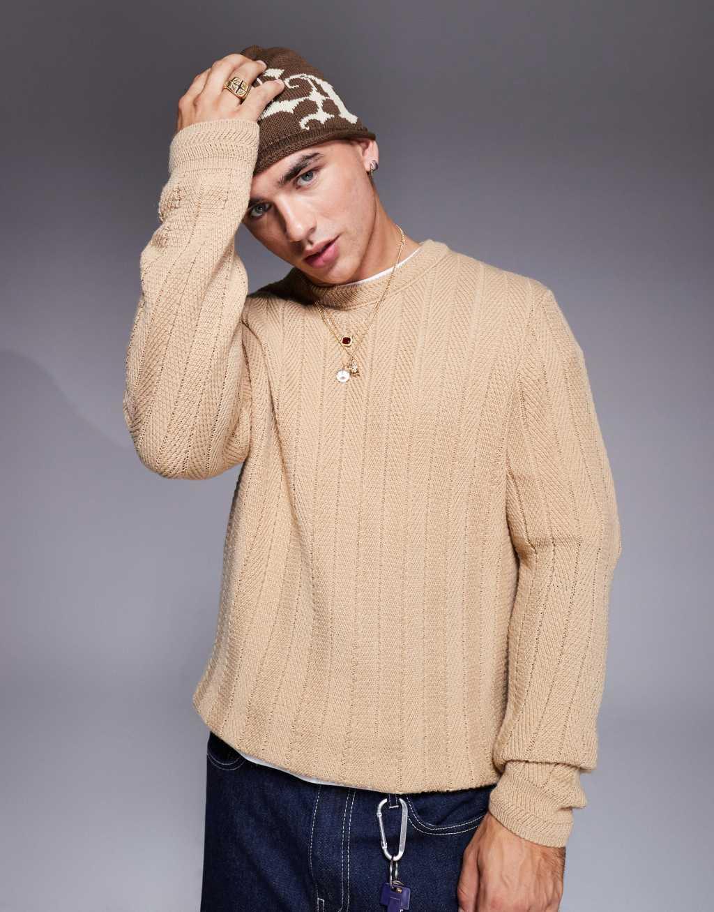 ASOS DESIGN knitted sweater with contrast rib in stone Product Image