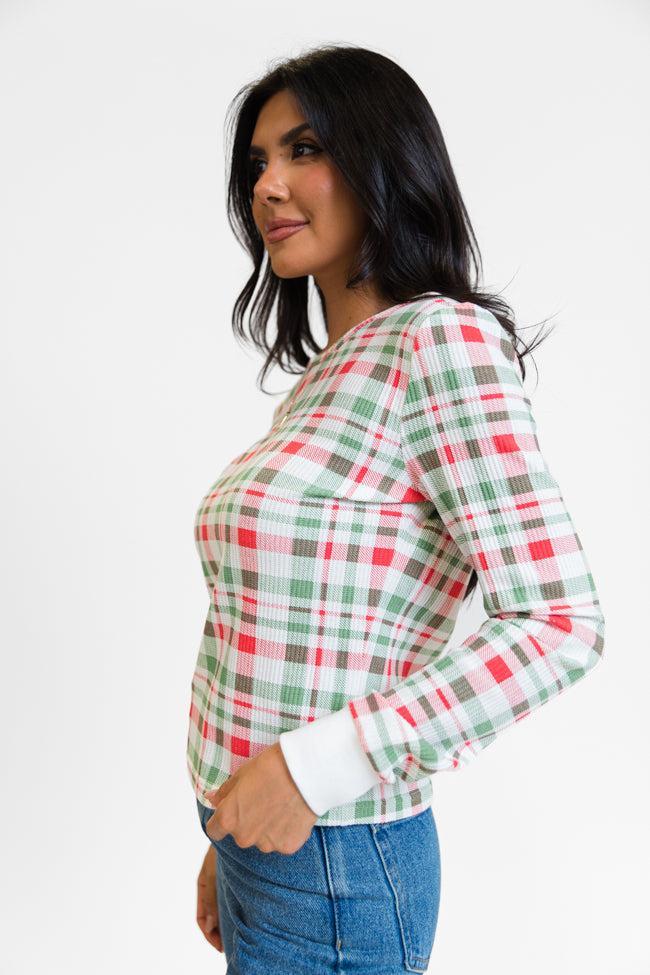 Lazy Plaid Ivory, Red, and Green Print Waffle Layering Top FINAL SALE Product Image