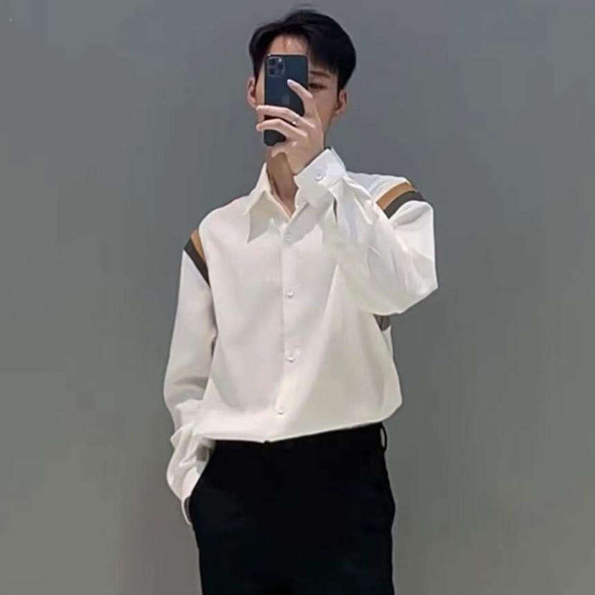 Long-Sleeve Color Block Button-Up Shirt Product Image