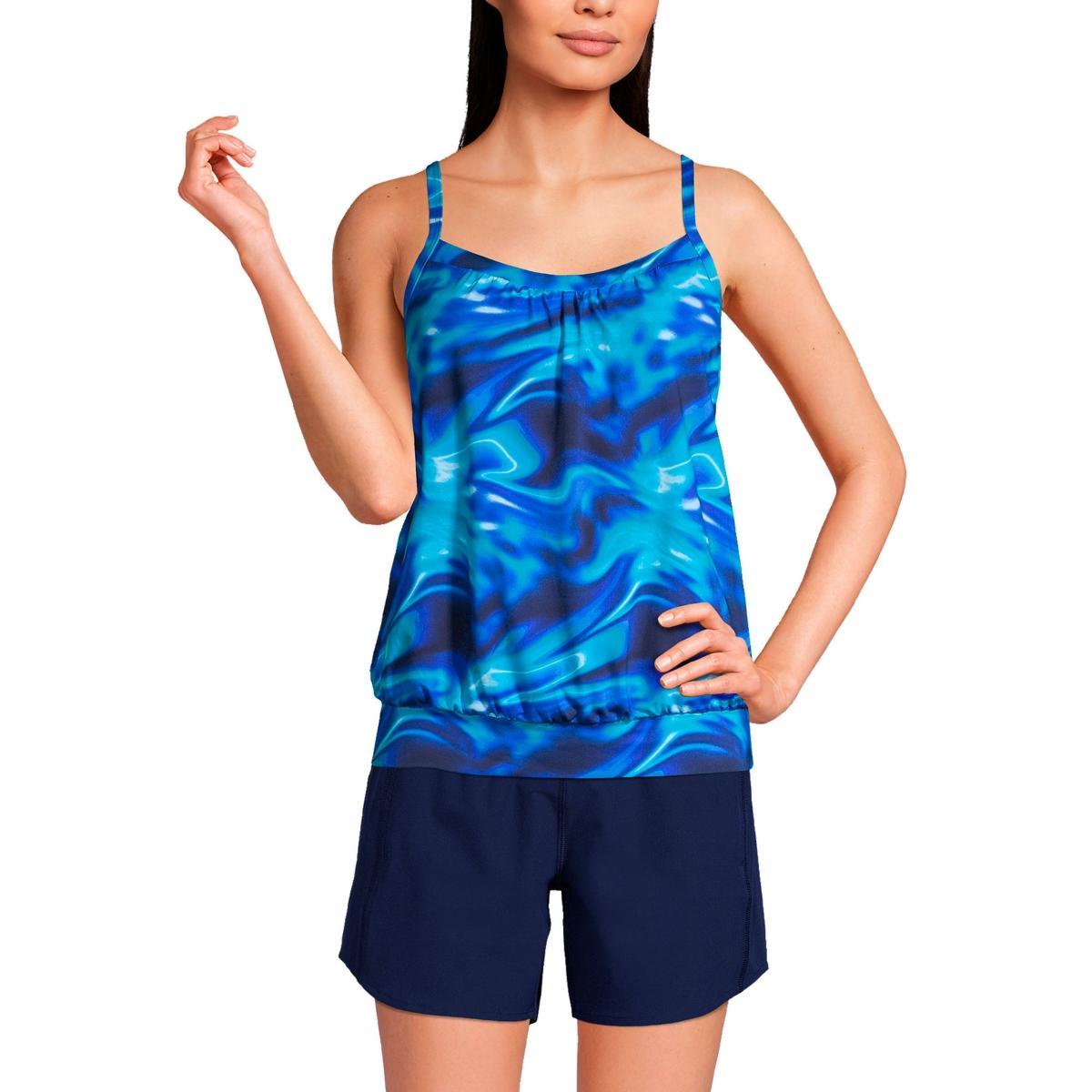 Lands End Womens Long Blouson Tummy Hiding Tankini Swimsuit Top Adjustable Straps - Electric blue multi Product Image