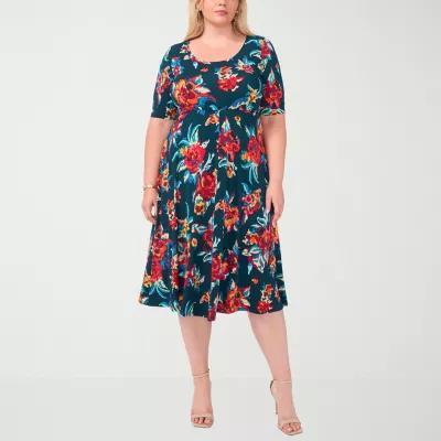 MSK Womens Short Sleeve Floral Midi Fit + Flare Dress Plus Product Image