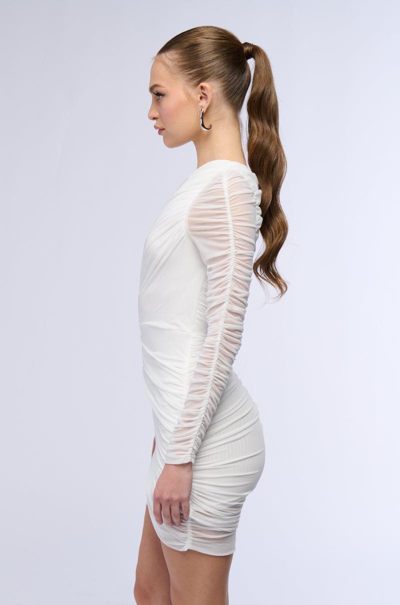 GIVING BAWDY RUCHED MINI DRESS IN WHITE Product Image