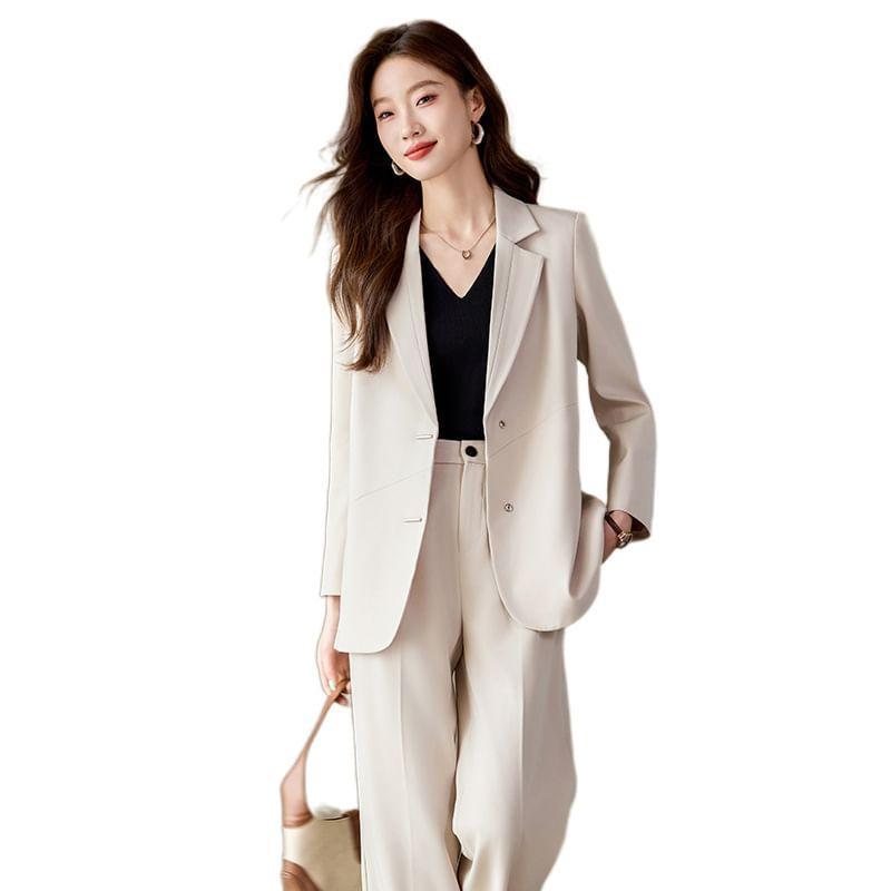 Lapel Collar Plain Single Breasted Blazer / Mid Rise Plain Wide Leg Slacks / Set Product Image