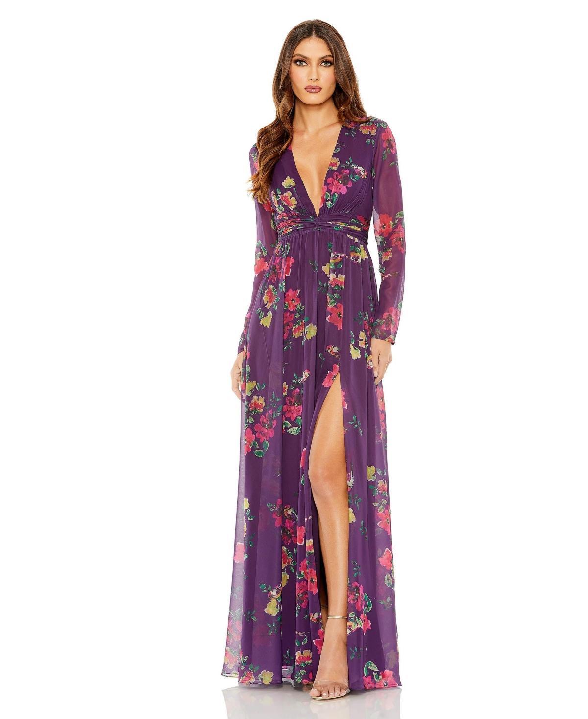 Ieena for Mac Duggal Floral Plunge Neck Long Sleeve Gown Product Image