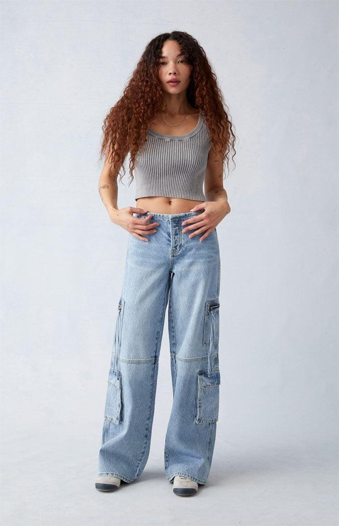 Women's Light Indigo Low Rise Baggy Cargo Jeans Product Image