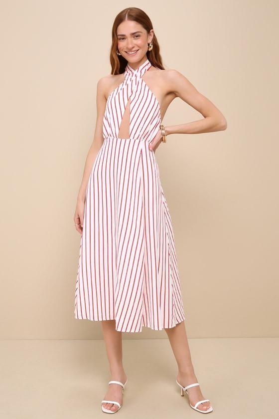 Sicily Summer White and Red Striped Cutout Halter Midi Dress Product Image