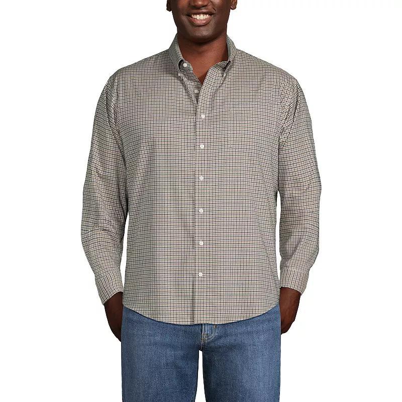 Big & Tall Lands End Plaid No-Iron Twill Button-Down Shirt, Mens Light Brown Check Product Image