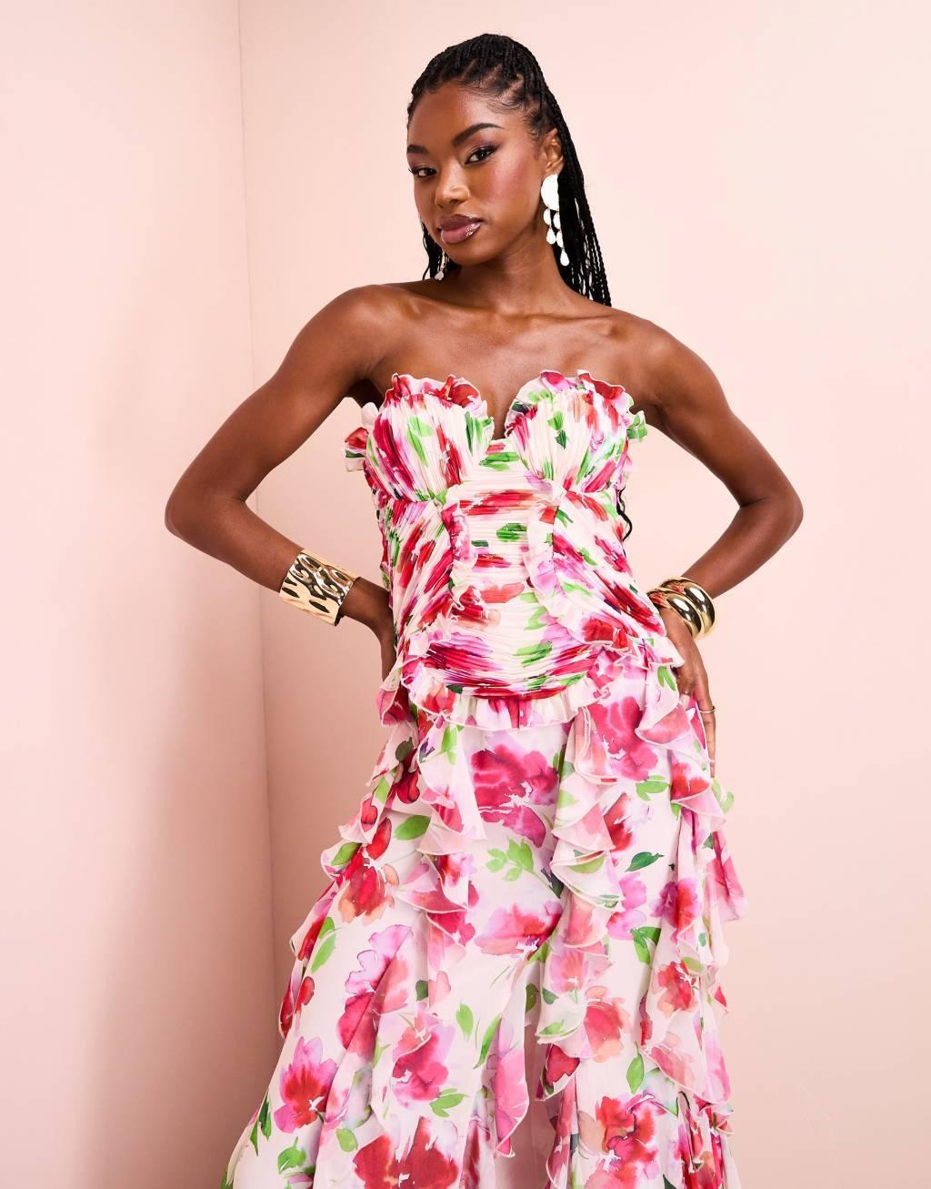 ASOS LUXE organza ruched bandeau maxi dress with ruffle skirt in pink floral print Product Image