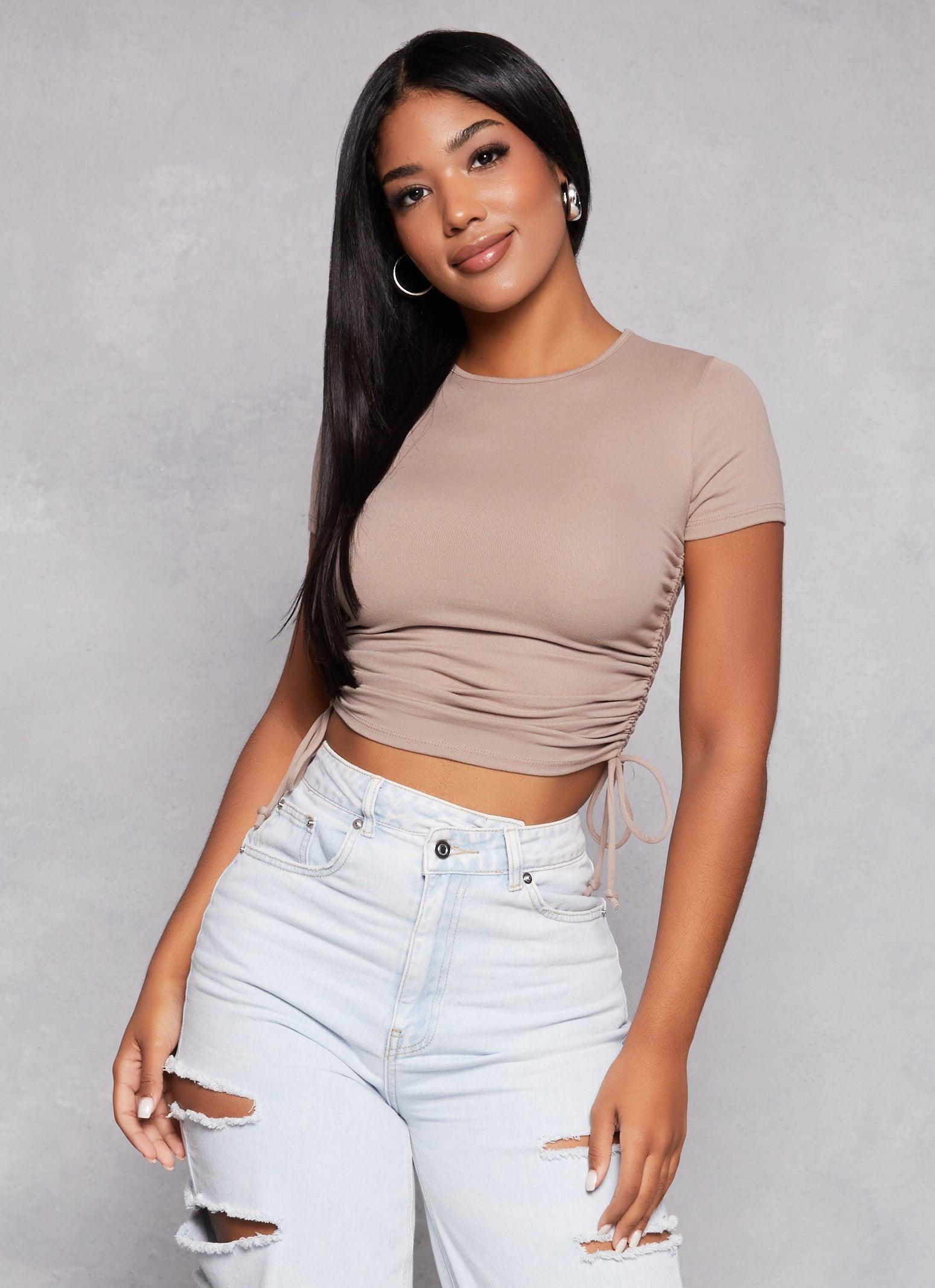 Womens Solid Crew Neck Ruched Side Crop Top Product Image