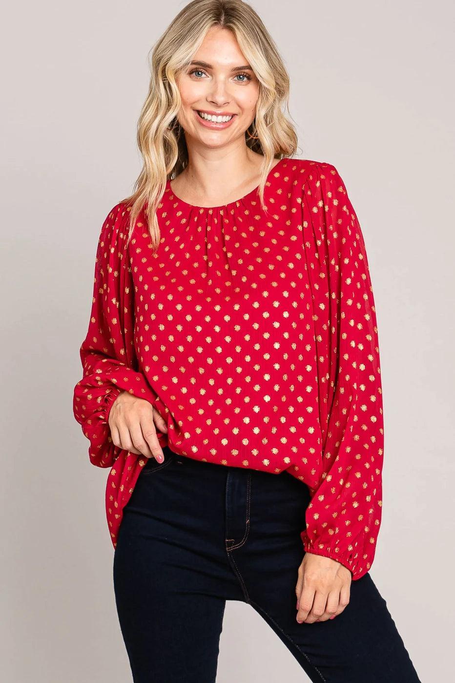 Gold Polka Dot Chiffon Women's Bubble Sleeve Blouse Female Product Image