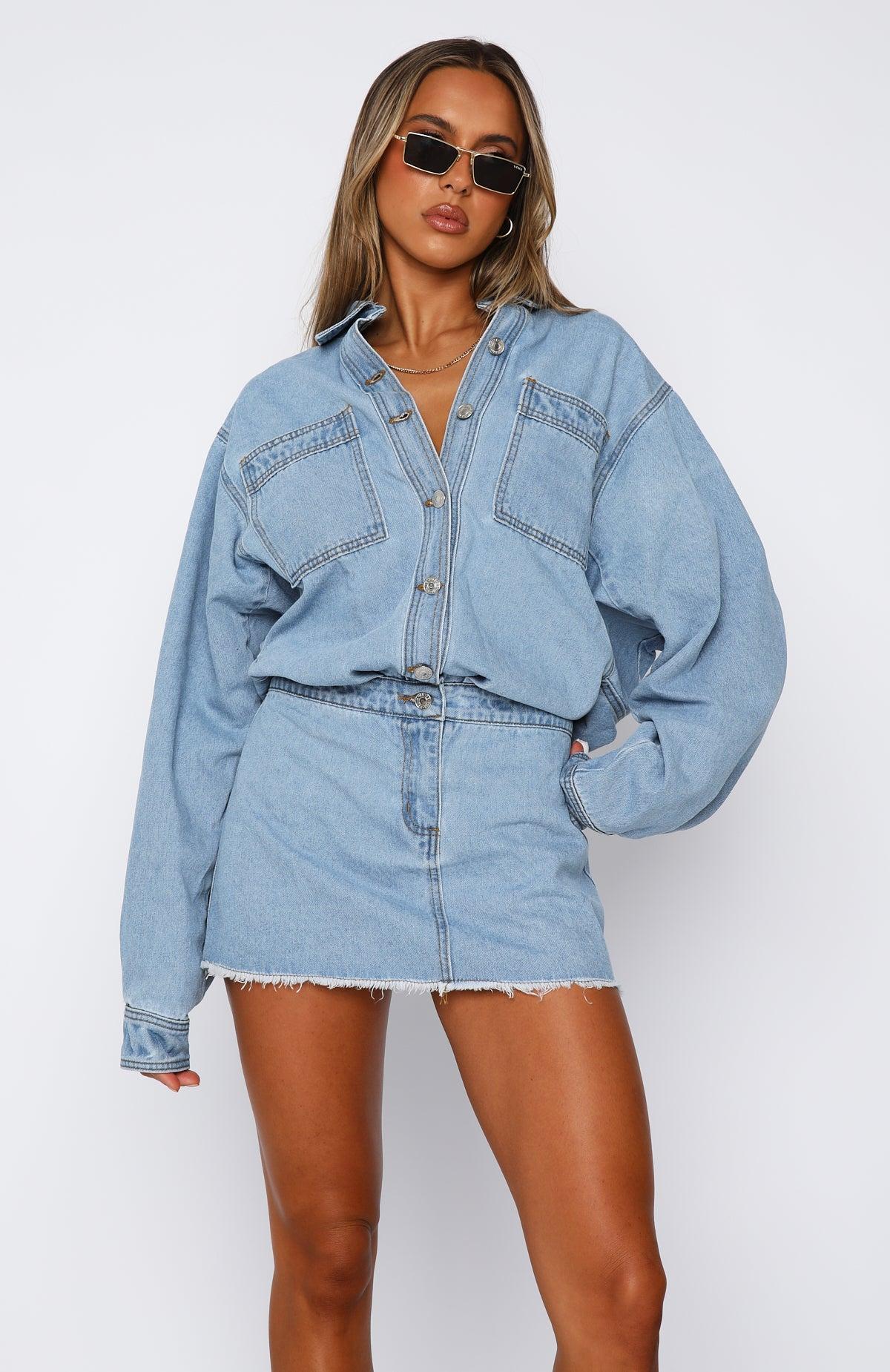 Don't You Remember Long Sleeve Denim Dress Blue Acid Wash Product Image