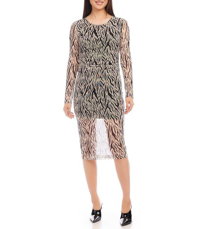 Karen Kane Zebra Stretch Mesh Scoop Neck Long Sleeve Midi Dress Product Image