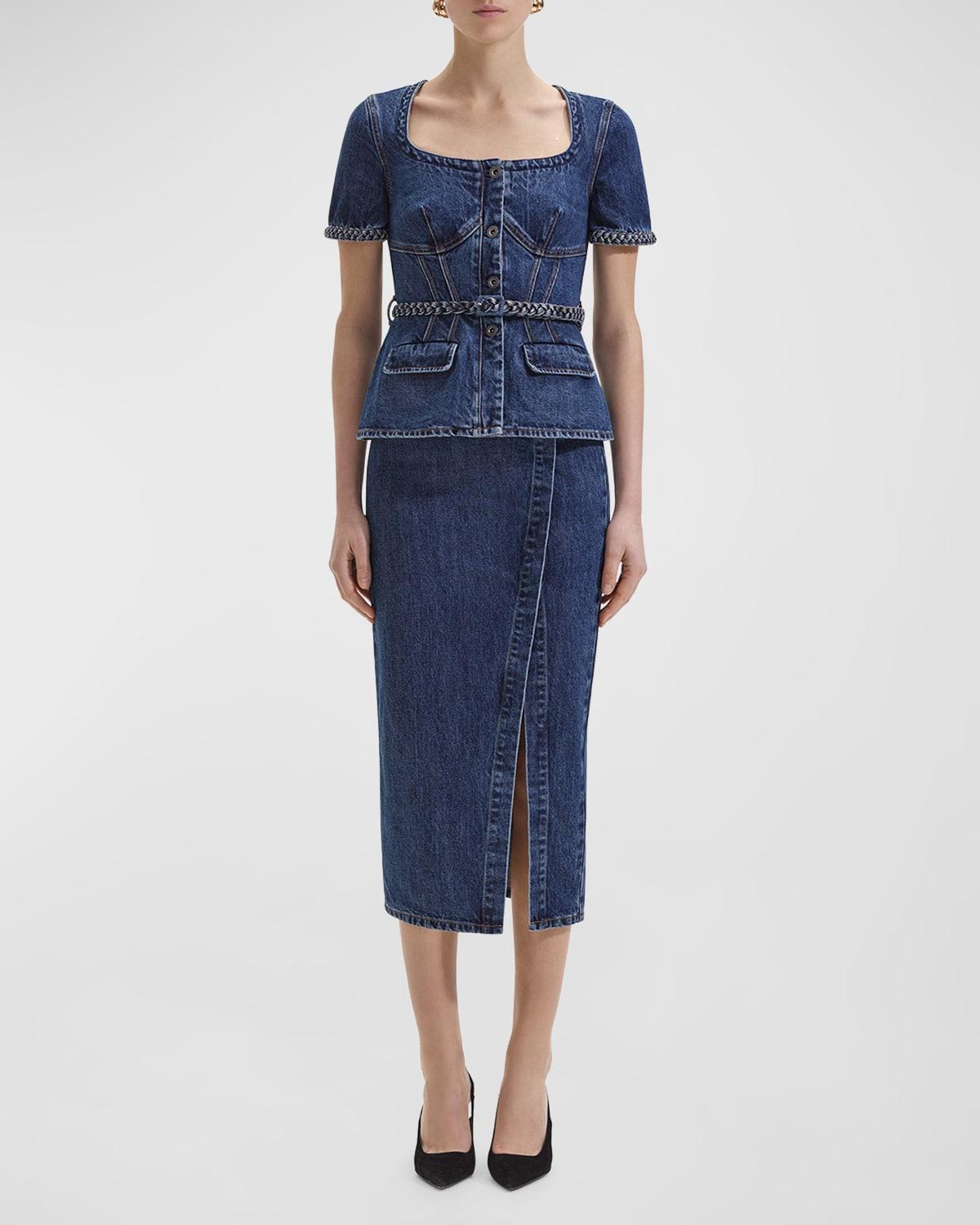 Womens Denim Peplum Midi-Dress Product Image