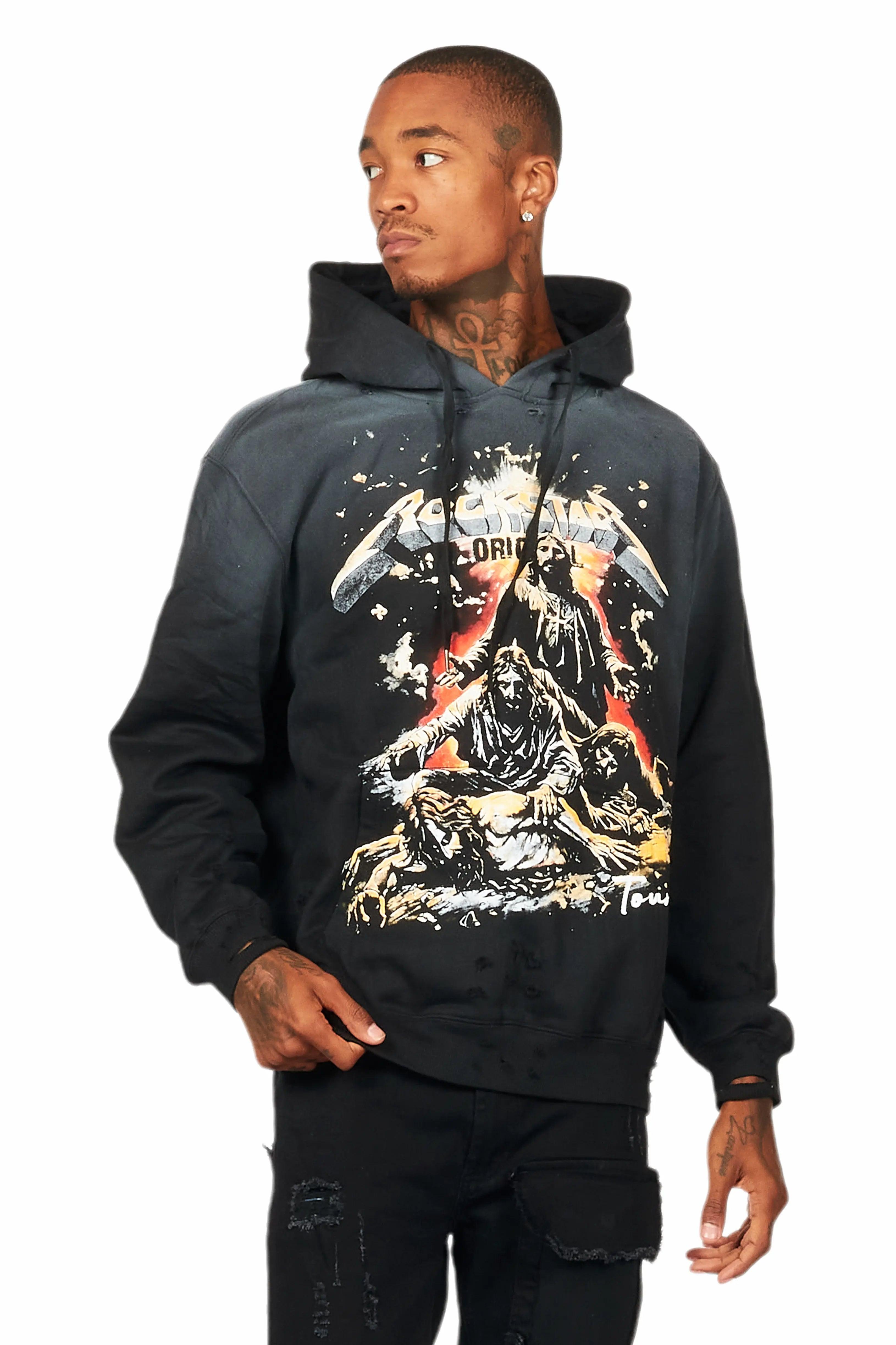 Akando Black Graphic Distressed Hoodie Male Product Image