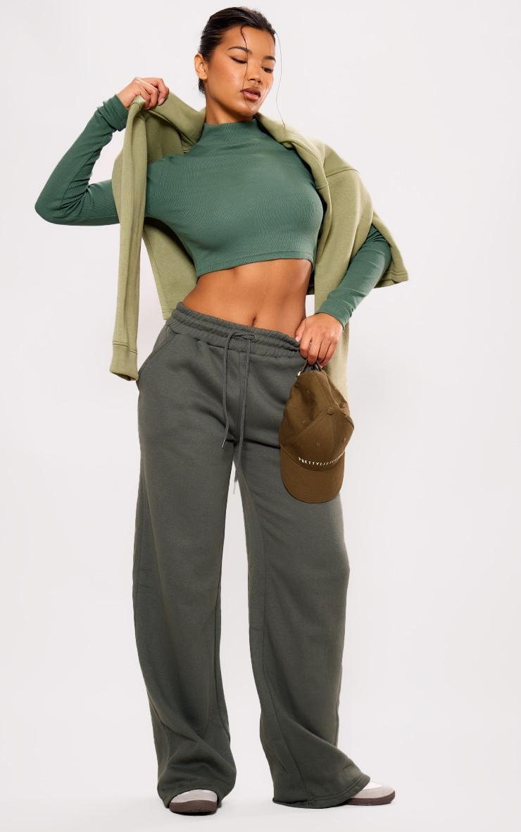 Forest Green Ribbed Basic High Neck Long Sleeve Crop Top Product Image