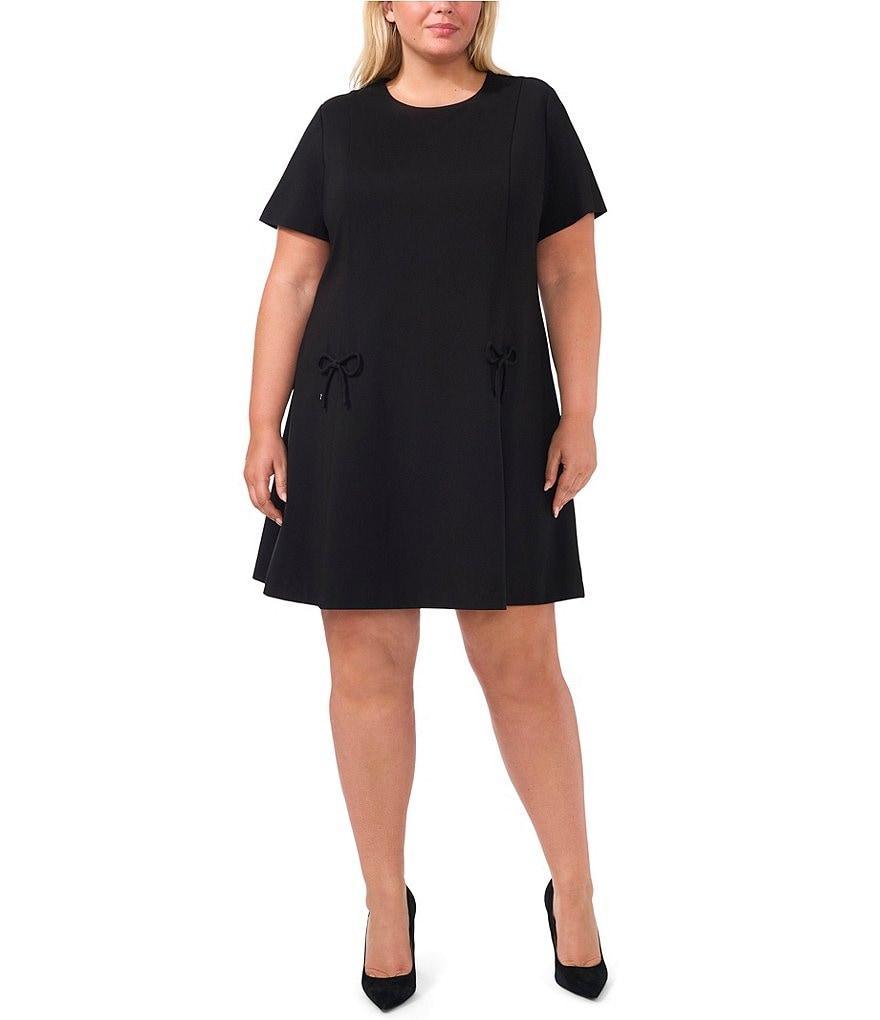 CeCe Plus Size Ponte Crew Neck Short Sleeve Bow Fit and Flare Mini Dress Product Image