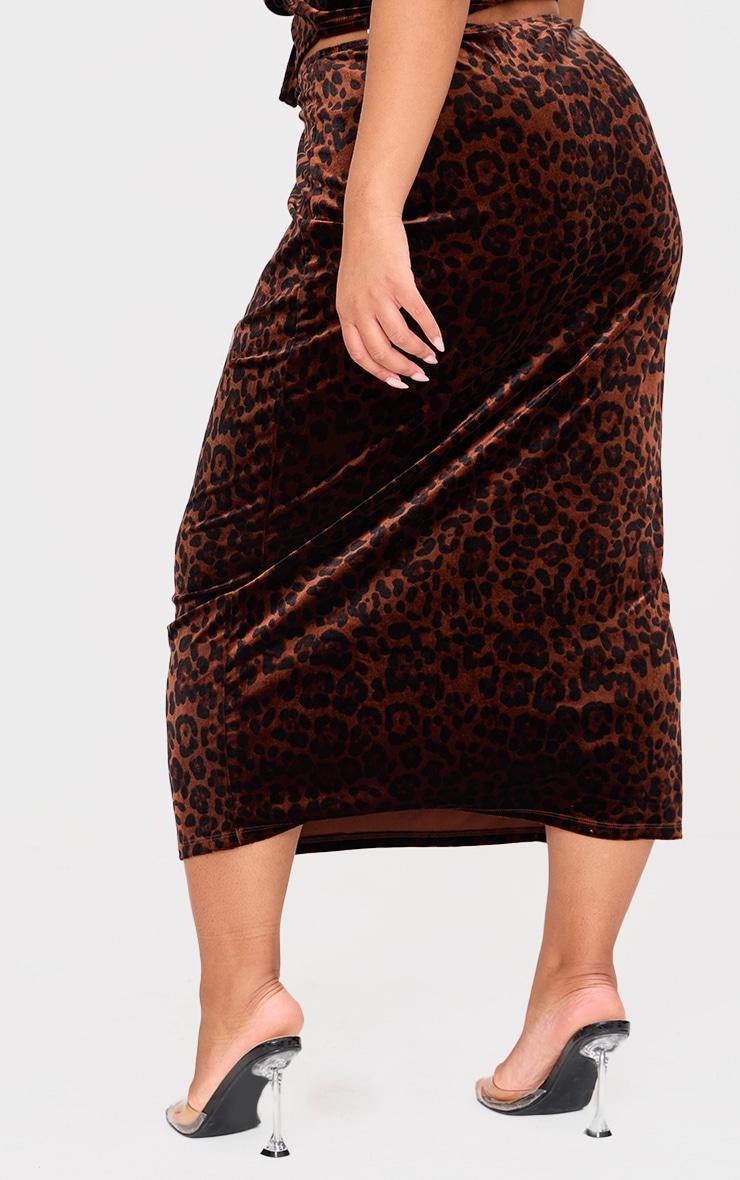 Plus Brown Velvet Animal Print Midi Skirt Product Image