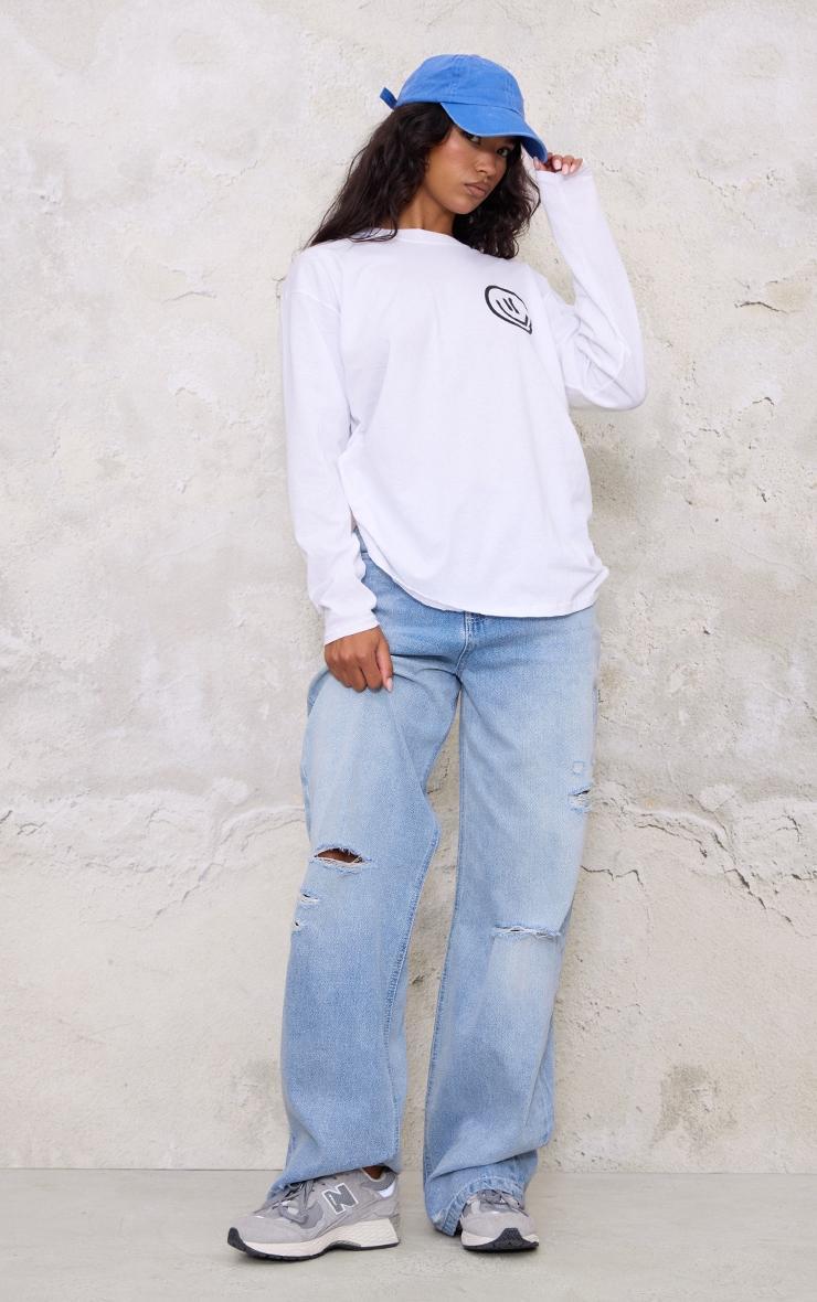 White Happy Place Graphic Oversized Long Sleeve T Shirt Product Image