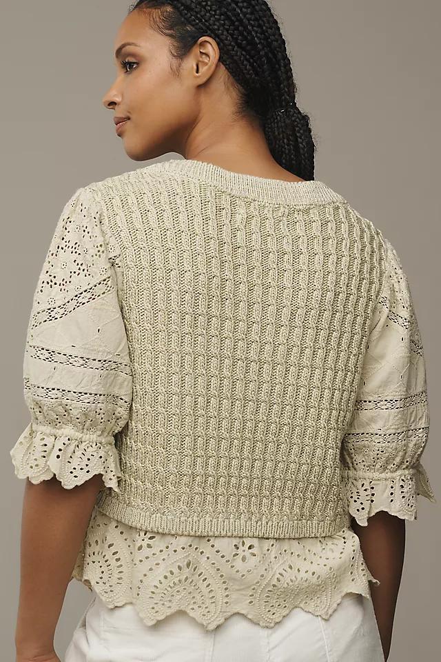 By Anthropologie Short-Sleeve Lace Peplum Sweater Product Image