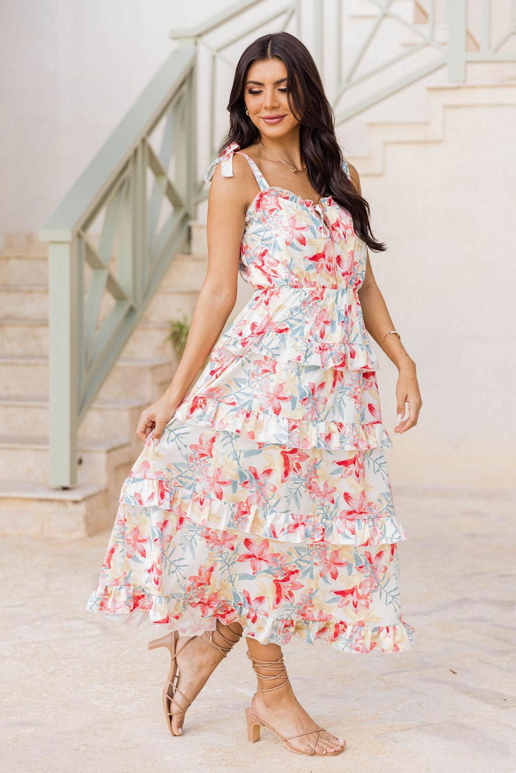 Stay In Paradise Floral Tiered Satin Midi Dress FINAL SALE Product Image