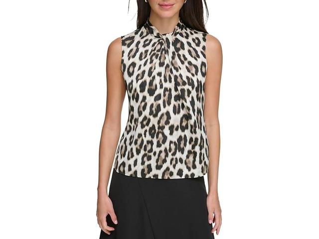 DKNY Sleeveless Twist Neck Blouse (Light Khaki Multi) Women's Clothing Product Image