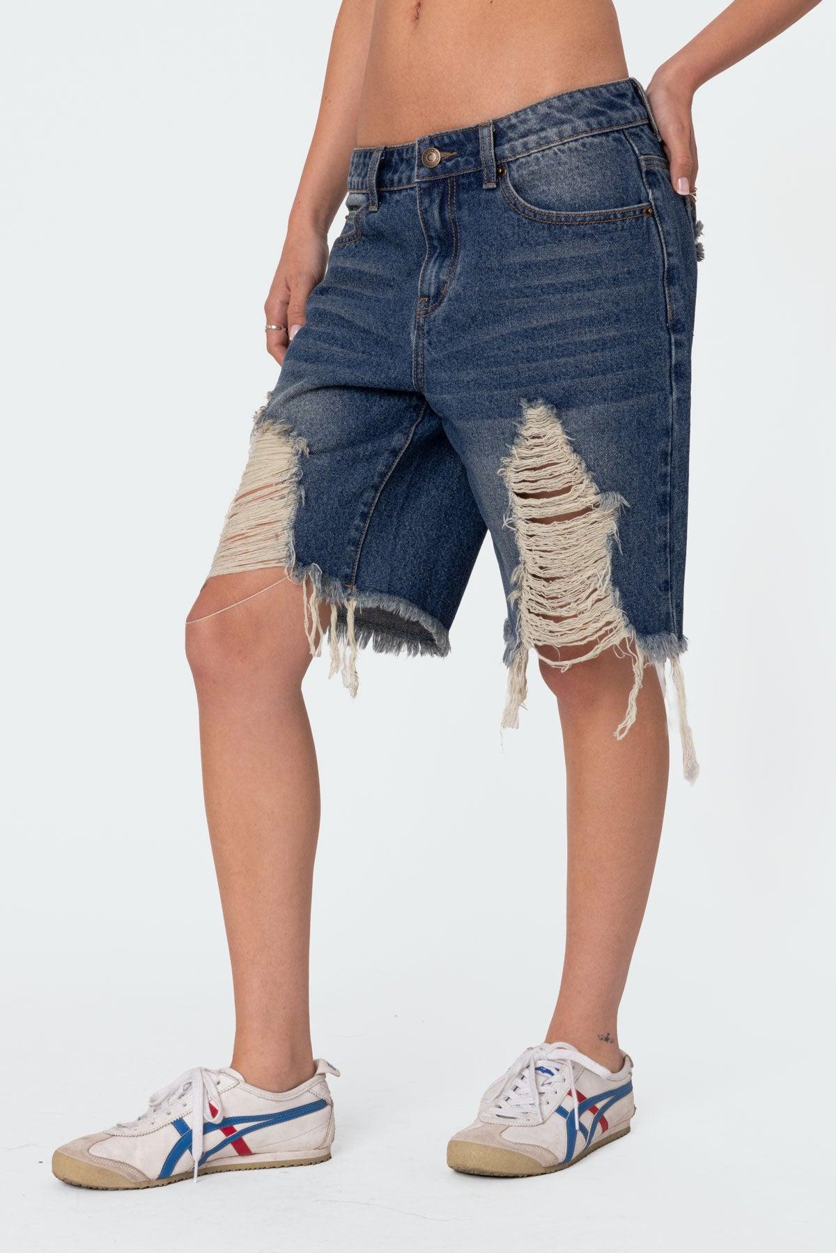 Distressed Denim Bermuda Shorts Product Image