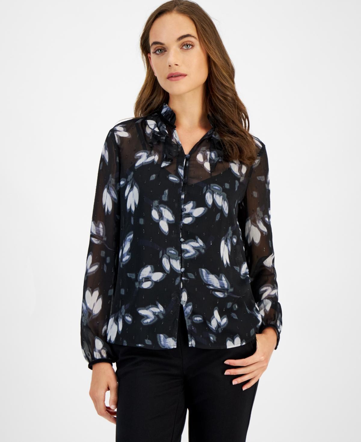 Anne Klein Womens Printed Long Sleeve Button-Front Shirt product image