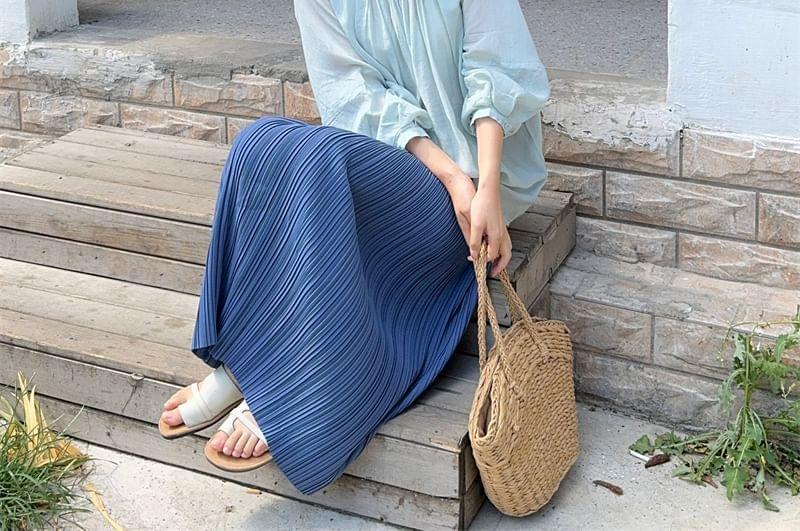 Long-Sleeve Band Collar Plain Ruched Blouse / Mid Rise Plain Maxi Pleated Skirt Product Image