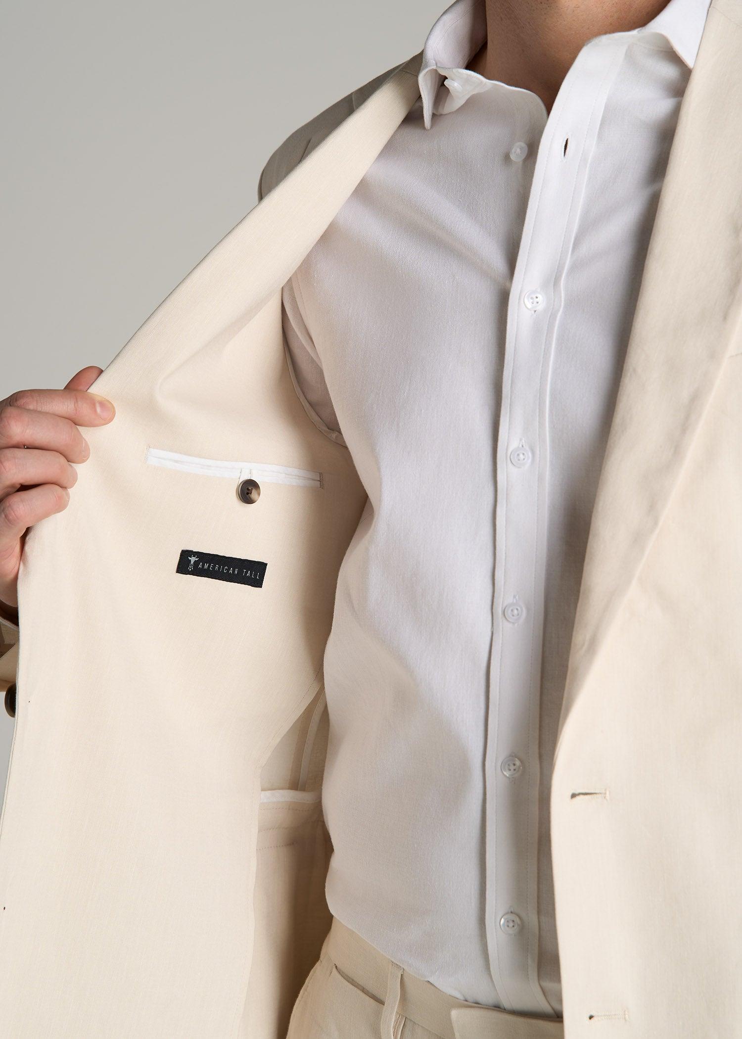 Stretch Linen Blazer for Tall Men in Light Beige Linen Product Image