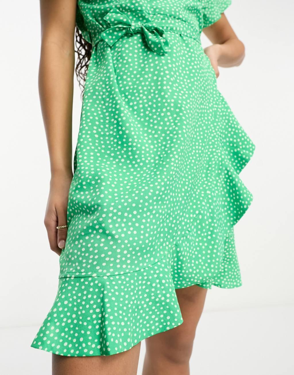 Vero Moda wrap mini dress in bright green spot print Product Image