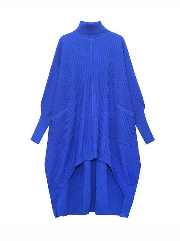 Batwing Sleeves High-Low Pockets Solid Color High-Neck Midi Dresses Sweater Dresses Product Image