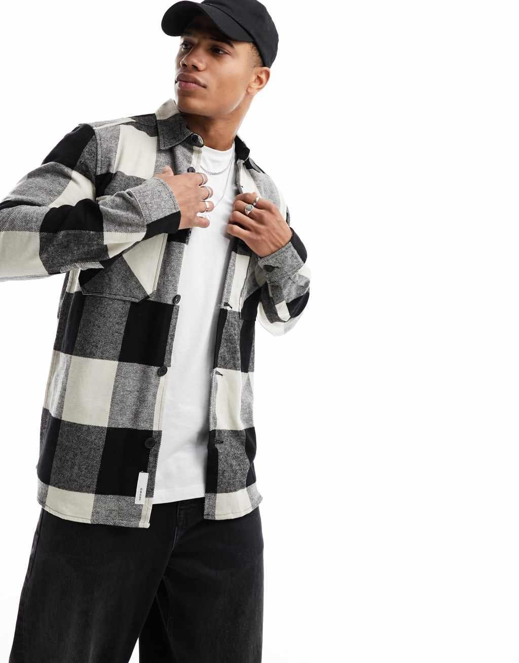 Only & Sons buffalo check overshirt in black and beige Product Image