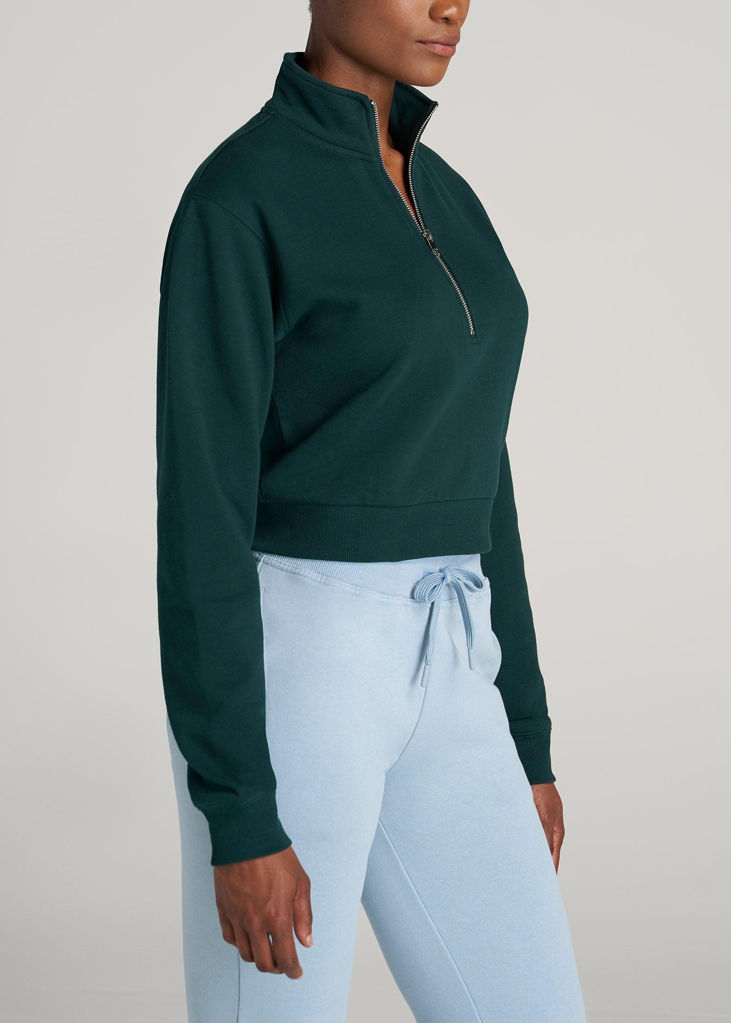 Wearever Fleece Cropped Garment Dye Half Zip Women's Tall Sweatshirt in Emerald Female Product Image