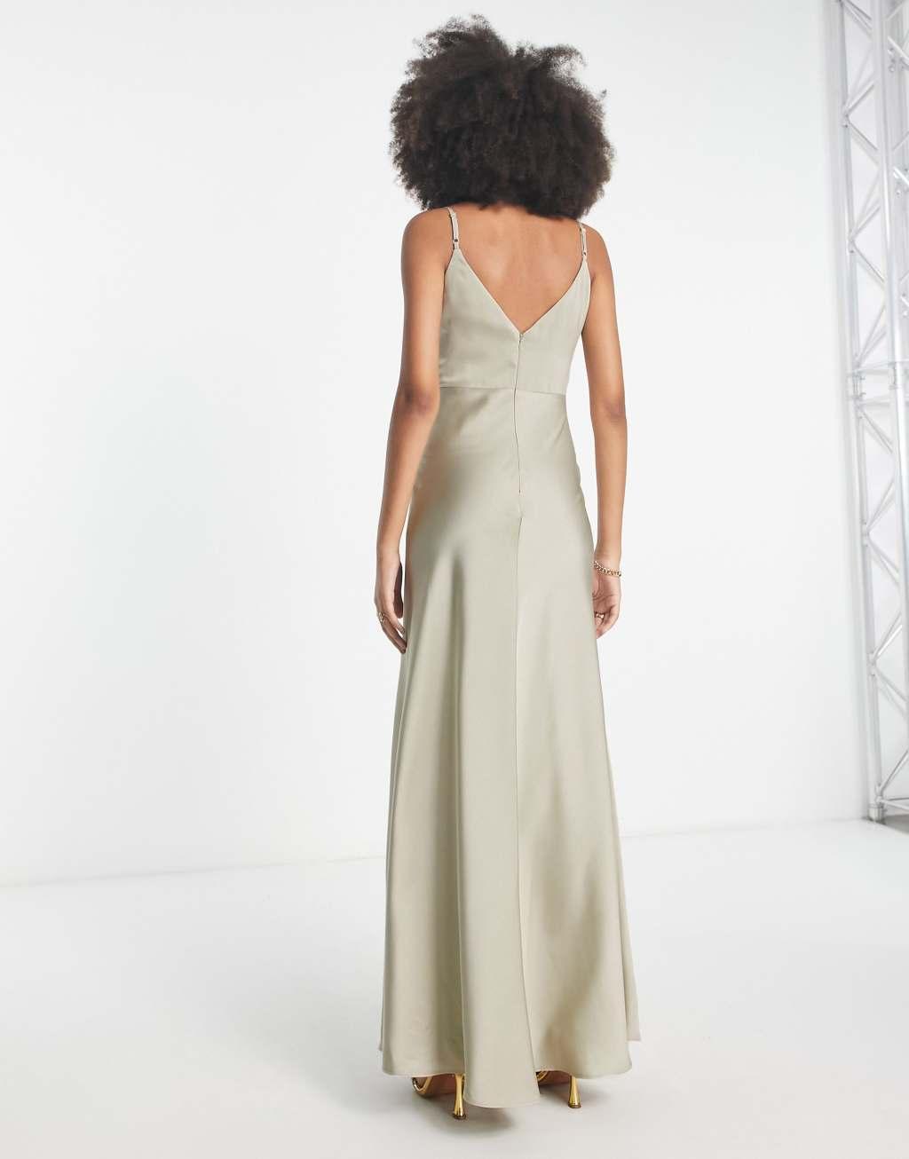 ASOS DESIGN Bridesmaid satin cowl neck maxi dress with full skirt in sage green  Product Image