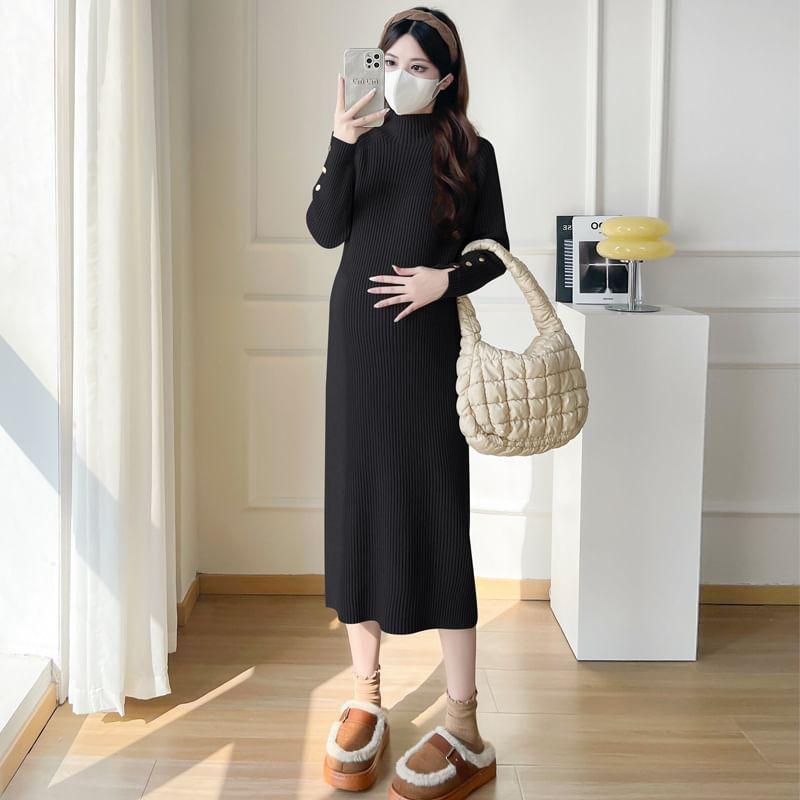 Maternity Long Sleeve Turtleneck Plain Bodycon Midi Dress Product Image