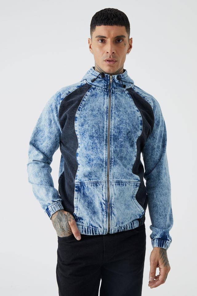 Boxy Fit Acid Wash Denim Zip Through Hoodie | boohooMAN USA Product Image