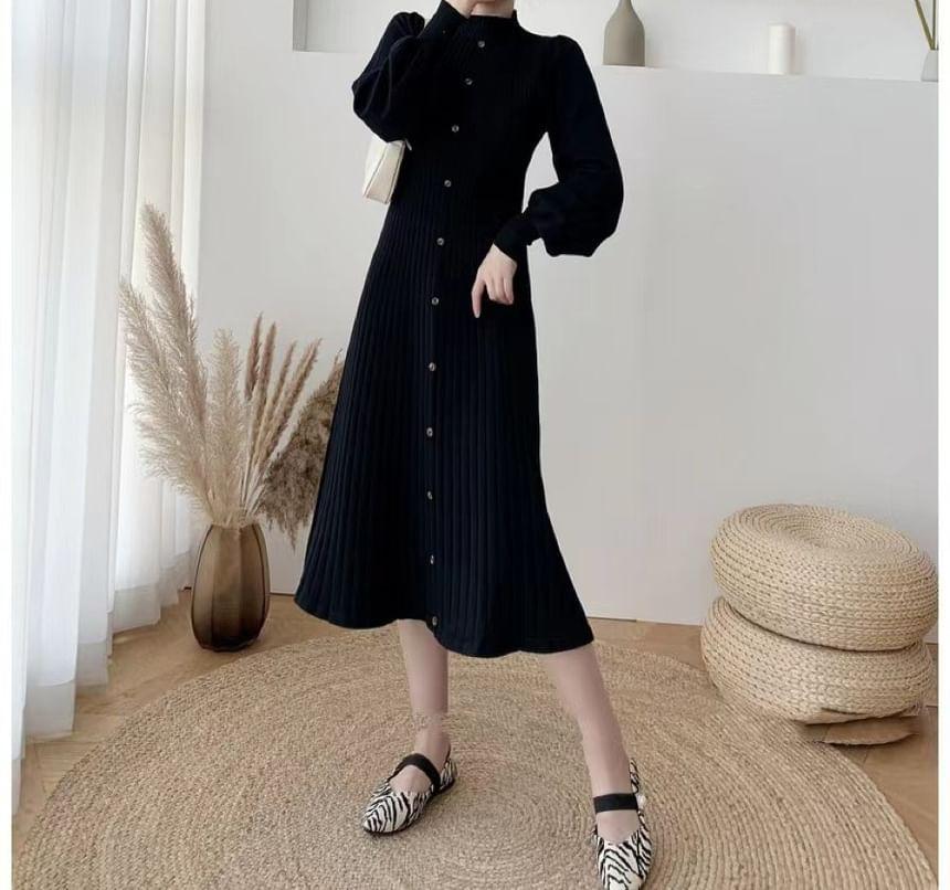 Puff-Sleeve High Neck Plain Ribbed Midi Knit Dress Product Image