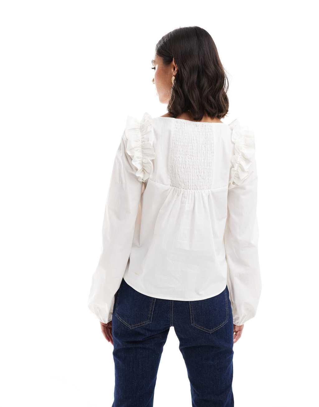 ASOS DESIGN poplin frill shoulder trapeze blouse in white Product Image