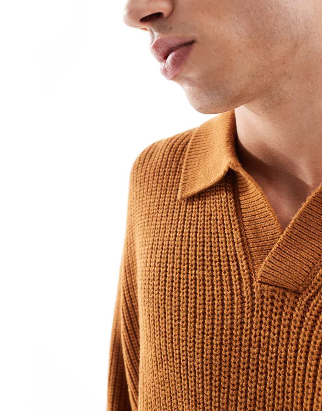 ASOS DESIGN oversized knitted fisherman rib notch neck sweater in tan Product Image