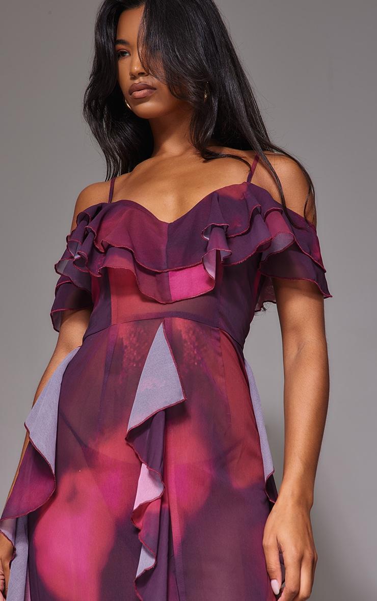 Purple Abstract Cold Shoulder Ruffle Detail Maxi Dress Product Image