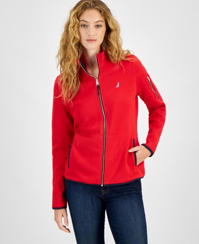 Nautica Jeans Womens Piping-Trim Sweater-Fleece Jacket Product Image