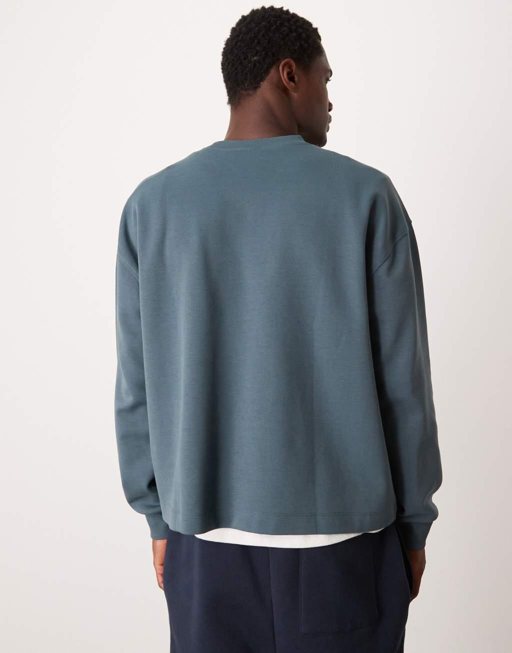 ASOS DESIGN Premium interlock oversized boxy long sleeve t-shirt 300gsm in blue Product Image