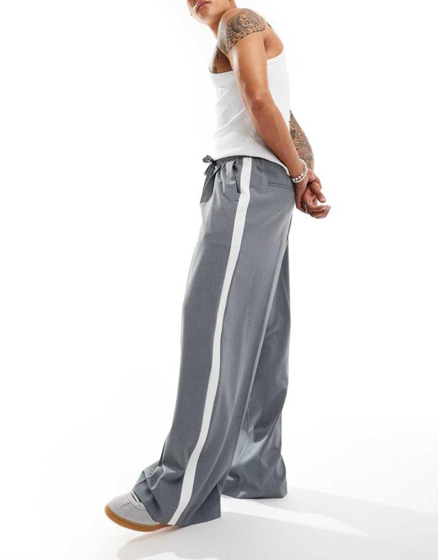 ASOS DESIGN pull on smart loose leg pants with cut and sew side stripe in gray Product Image