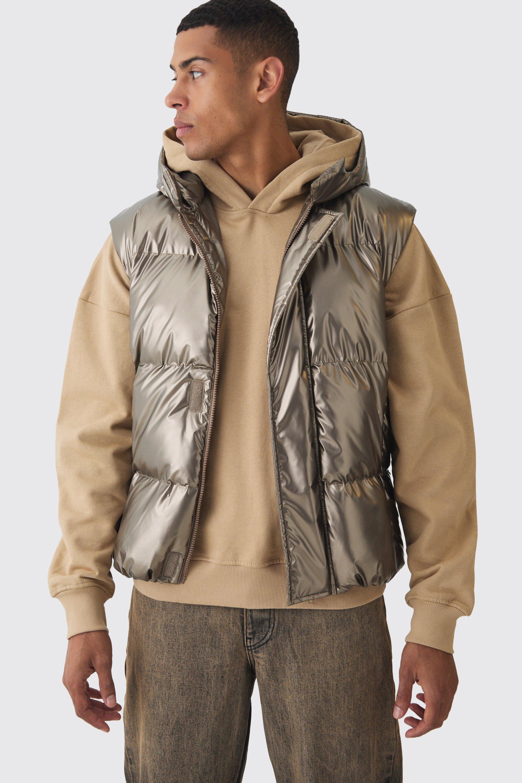 Metallic Hooded Puffer Vest In Bronze | boohooMAN USA Product Image