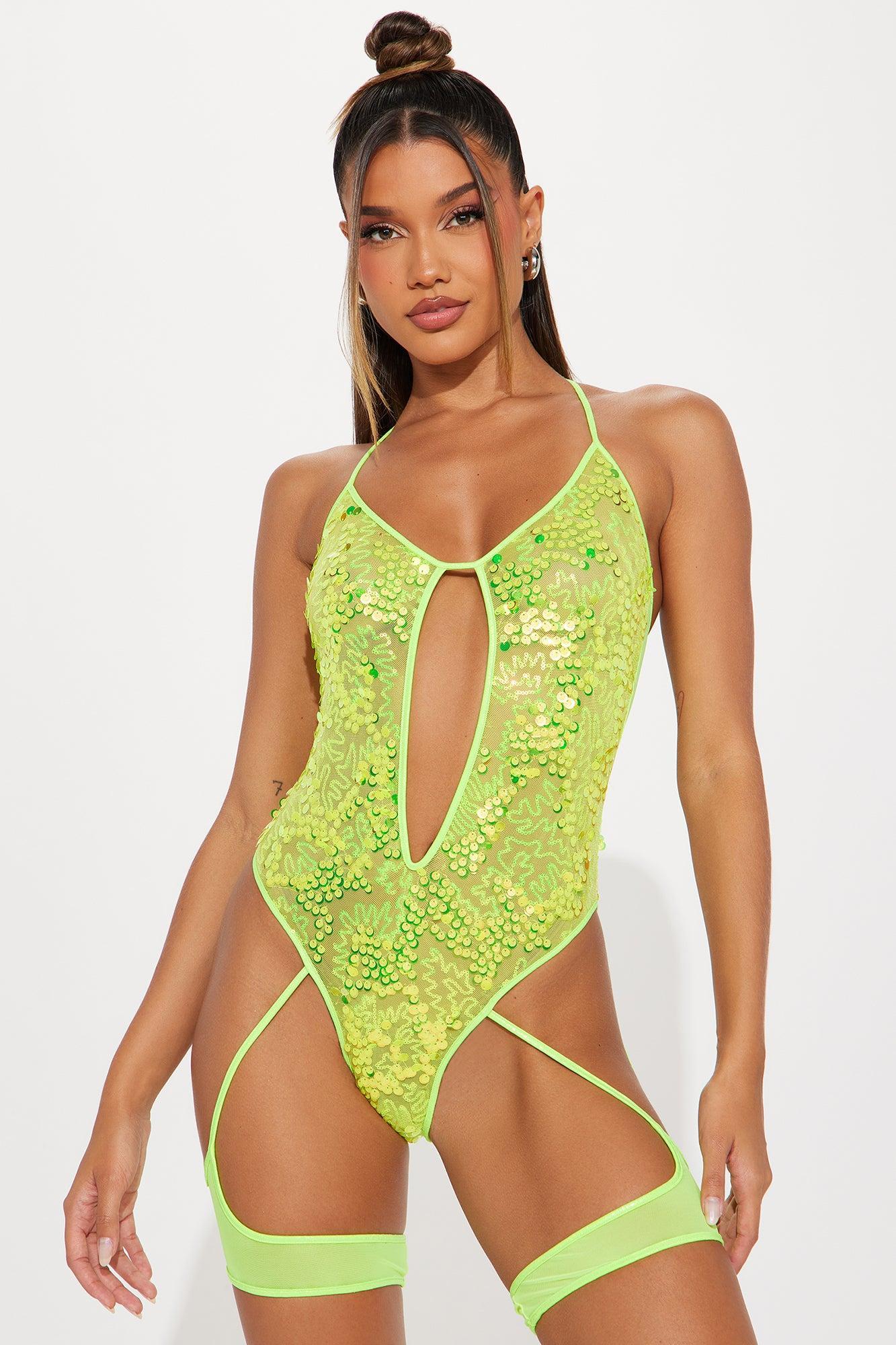 Dancing Under The Lights Sequins Dance Bodysuit - Neon Yellow Product Image