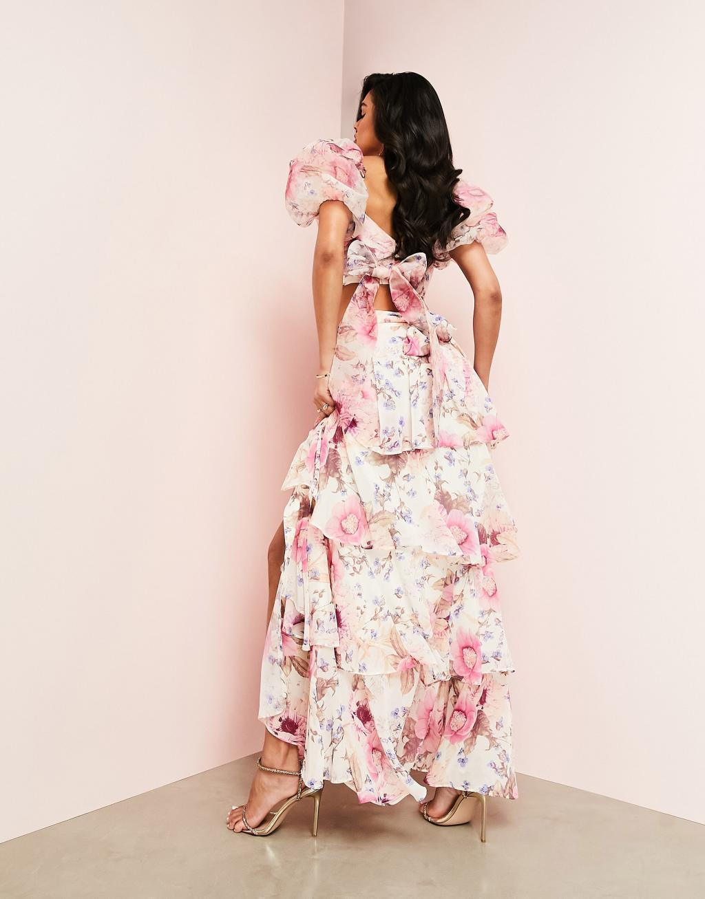 ASOS LUXE ruched wrap tiered maxi skirt in floral print - part of a set Product Image