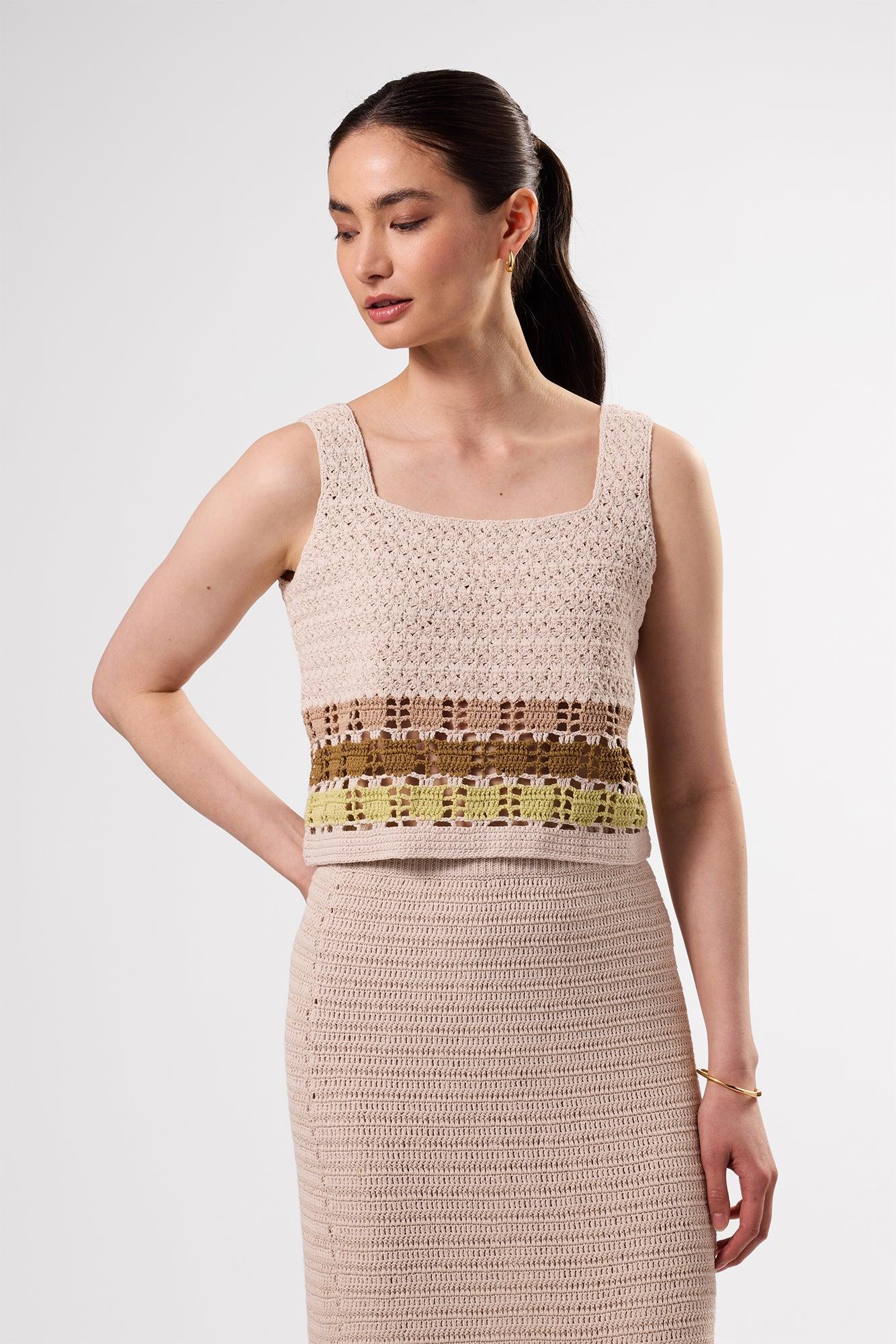 Antibes Crochet Tank - Ecru Multi Stripe Product Image