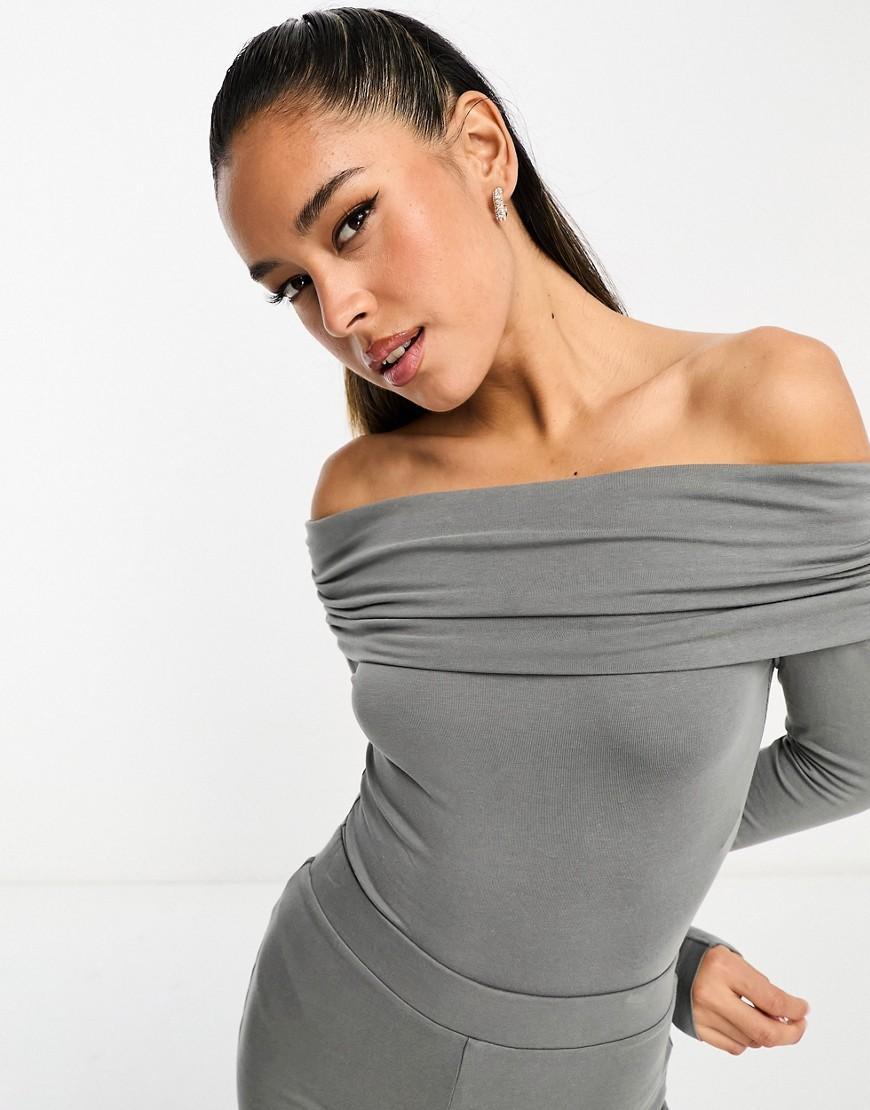 ASOS DESIGN cotton modal clean fold over bardot bodysuit in gray Product Image