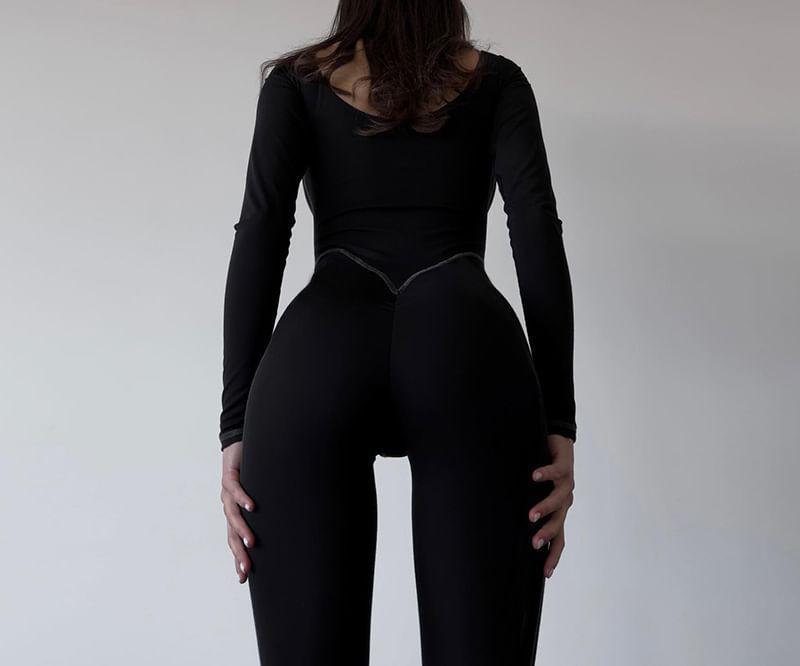 Long-Sleeve Scoop Neck Contrast Stitching Slim Fit Jumpsuit Product Image