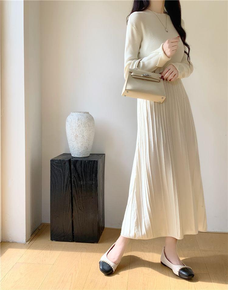 Long-Sleeve Crew Neck Plain Ribbed Knit Maxi A-Line Dress Product Image